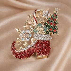 Christmas Stocking Brooch – Red Crystal Holiday Pin with Tree &Candy Cane Design